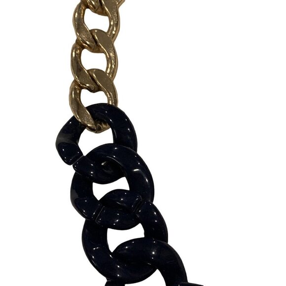 Aldo Statement Necklace Navy Blue Gold Big Chunky Bold Chain Retro Classic - Picture 2 of 12